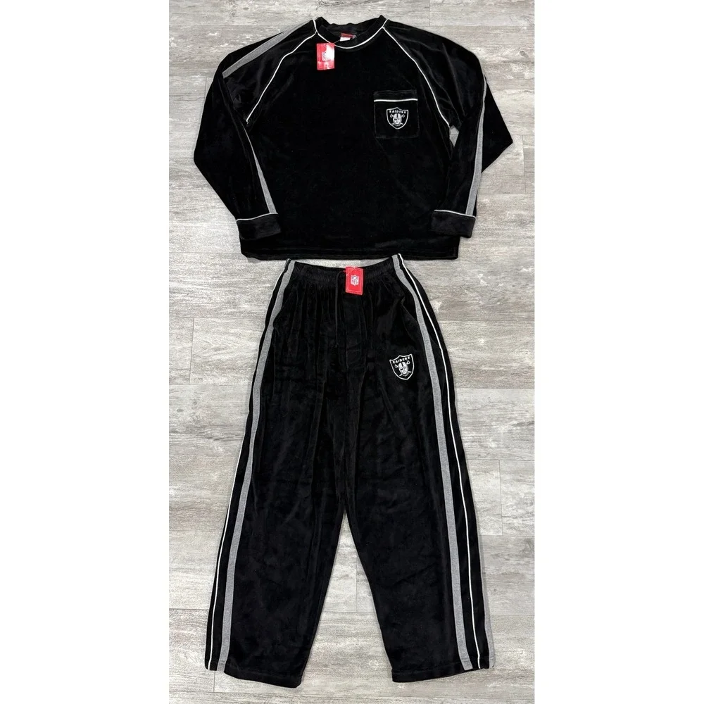 Vintage NEW Raiders Velour Sweatsuit Tracksuit Black Velvet Set Mens XL NFL